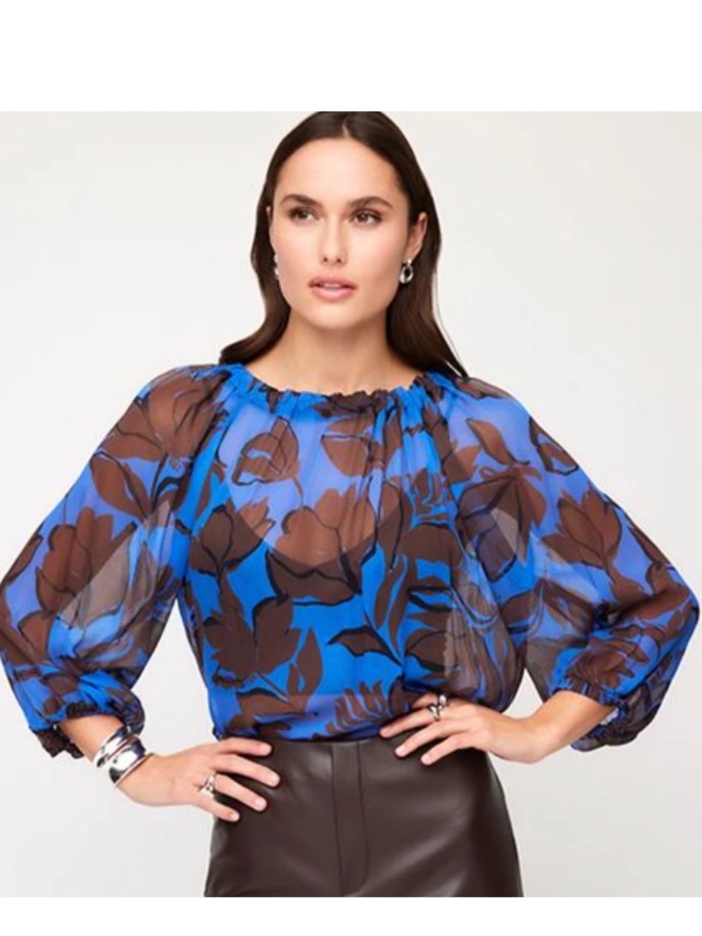 Fifteen Twenty Alana Keyhole Blouse Small Blue Black Floral Sheer Keyhole Top